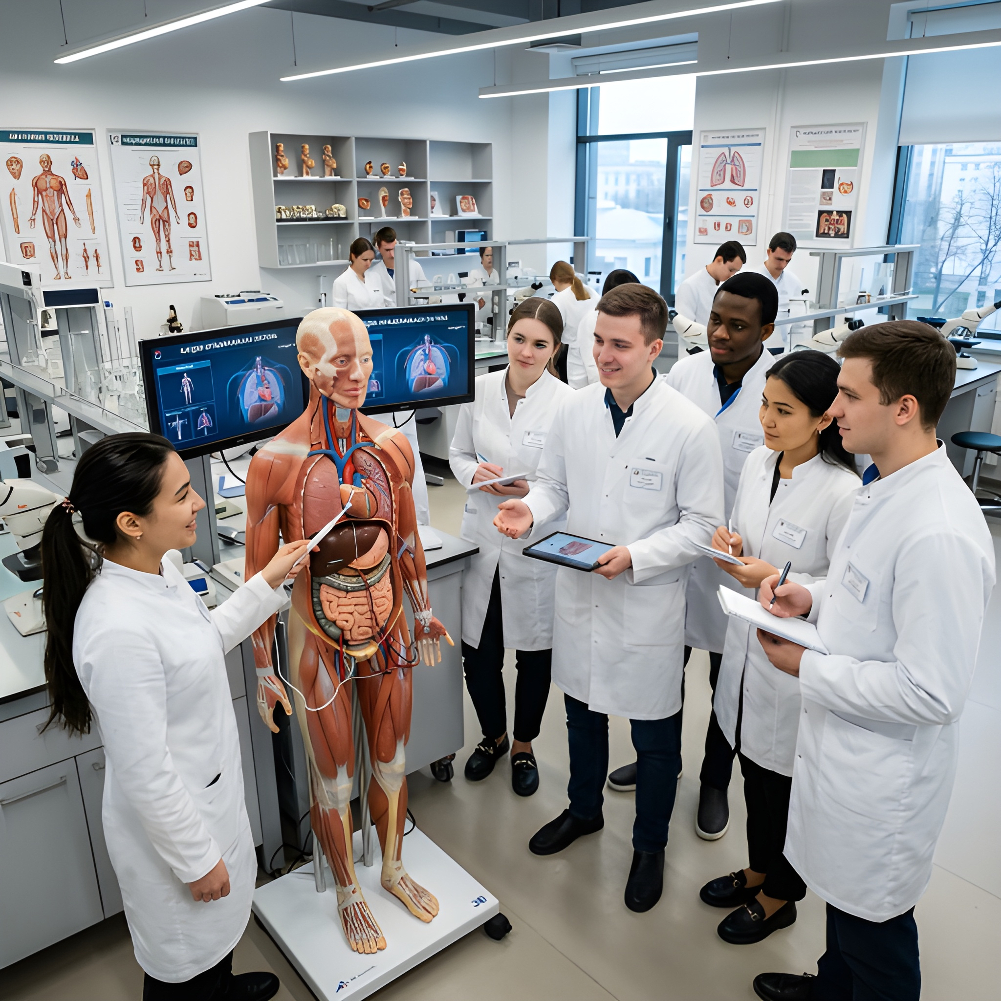Medical students studying anatomy in a Russian university lab