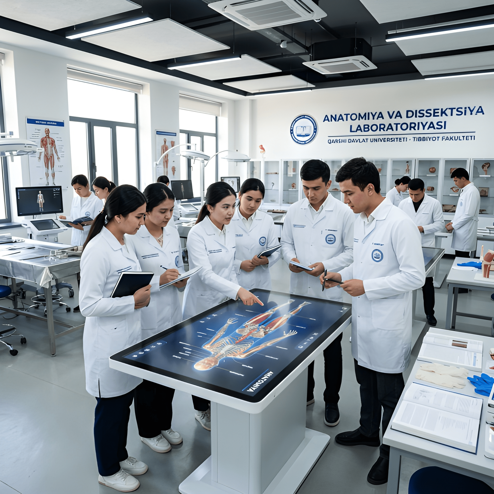 Uzbekistan medical students learning anatomy in a modern laboratory